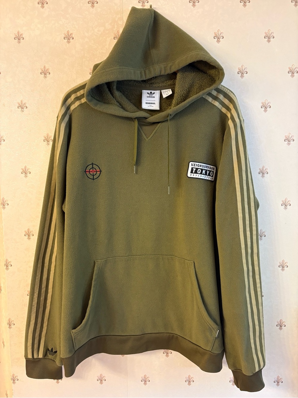 adidas Olive Green Hooded Fleece Sweatshirt with Stripes